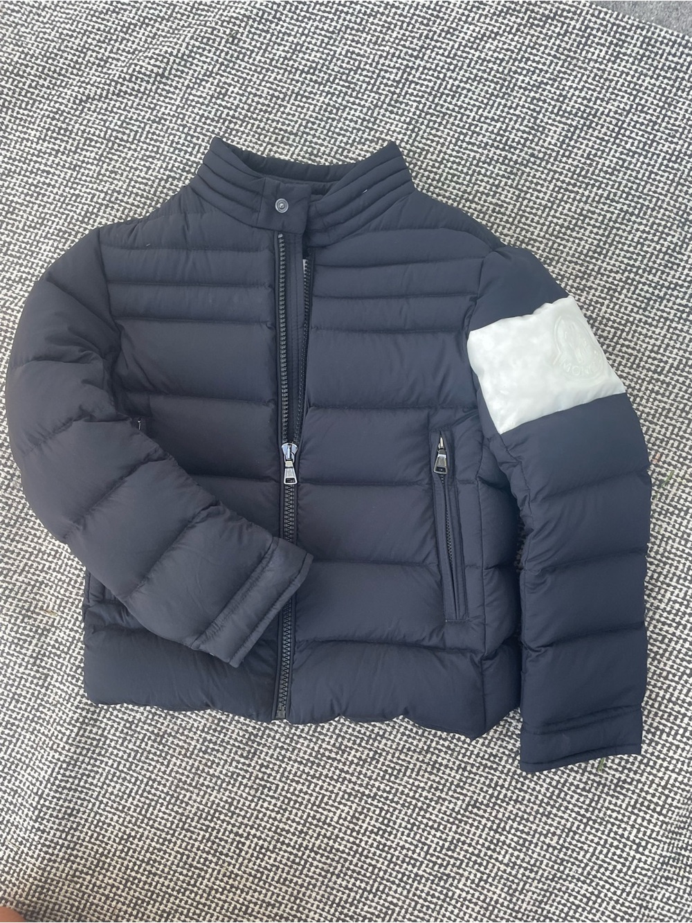 Moncler Black Quilted Puffer Jacket with White Sleeve Panel